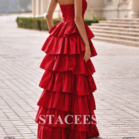 A-line Square Neckline Strapless Ruffled Taffeta Prom Dress with Slit Pleats - Picture 2 of 2